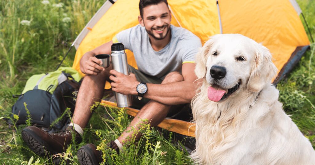 Mann hat seinen Hund beim Camping dabei